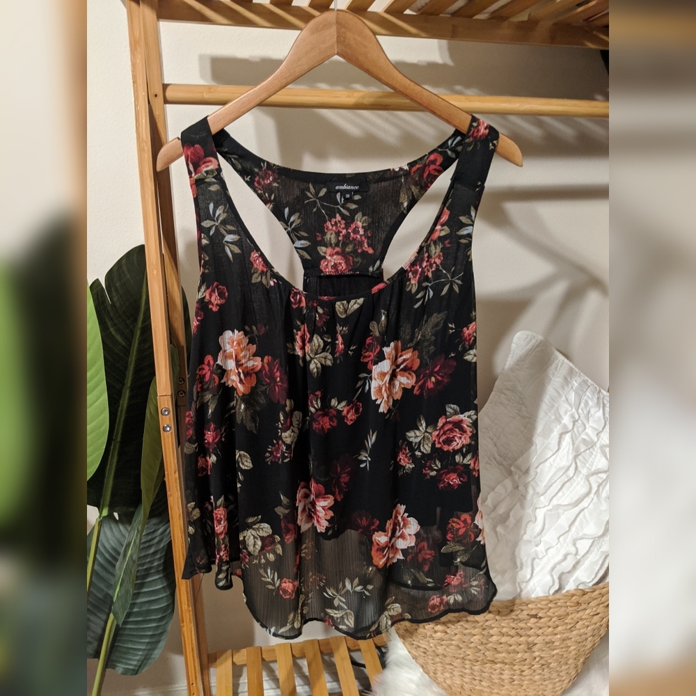 Lined black chiffon floral tank